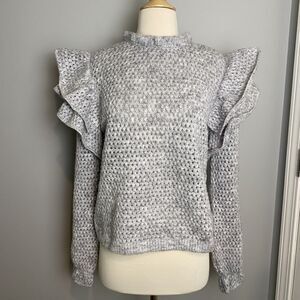 Broadway Gray Ruffle Sleeve Mock Neck Sweater, Size M